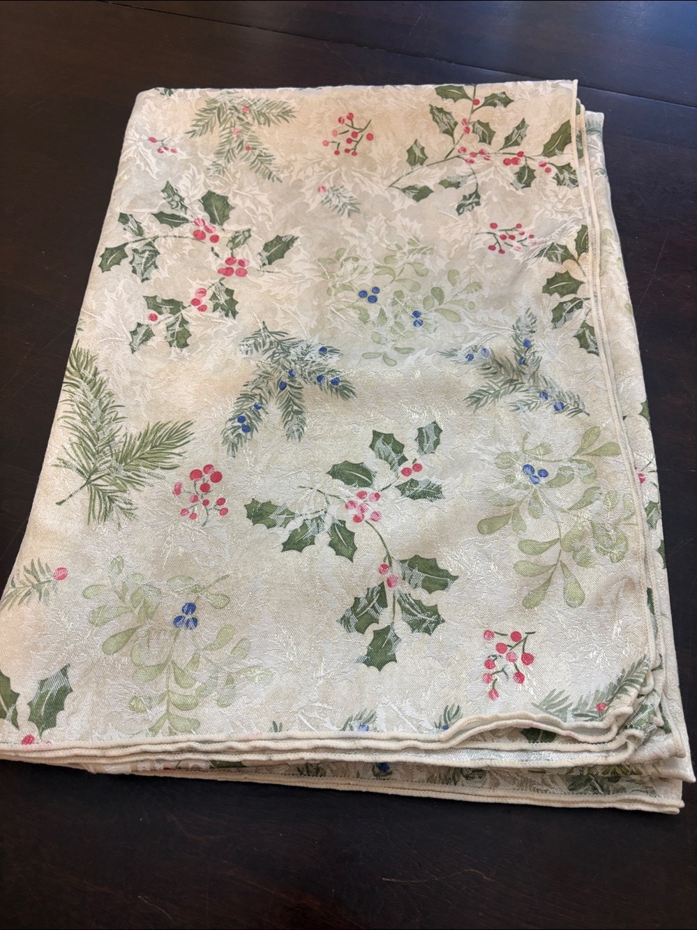 Vintage Festive Holiday Christmas Tablecloth Holly Berry Pine Cream